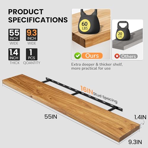 Image of Fun Memories Floating Shelves for Wall, 55 inchx9.3 inch Rustic Solid Elm Wood Shelves, Heavy-Duty Wall Mounted Shelves with Invisible Brackets for Living Room, Bedroom, Kitchen, Natural Finish