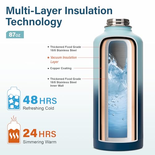 Insulated Water Bottle | Thickened Stainless Steel for Gym and Hiking with Straw, Carrier Bag, Handle Strap | BPA-Free 87 oz