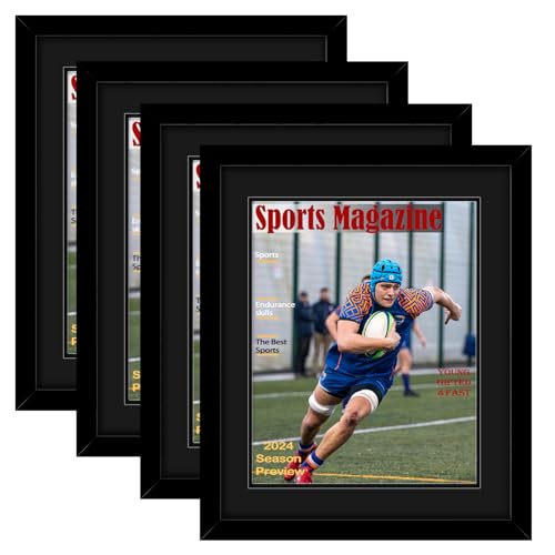 4 Pack Sports Magazine Frame Display 8.5 x 11.25 or 8.25 x 11 Magazine with 2 Sizes Black Mat or 11x14 Photos without Mat Magazine Display Frame with Shatter Resistant Plexiglass for Wall Black
