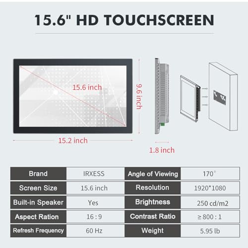 Image of 15.6 inch Touchscreen Monitor,Ratio 16:9 IPS PCAP Industrial Touch Screen Monitor with HD-MI VGA USB Port,Build-in Speakers & VESA,Touch Screen for PC,POS,Laptop,Home,RPI