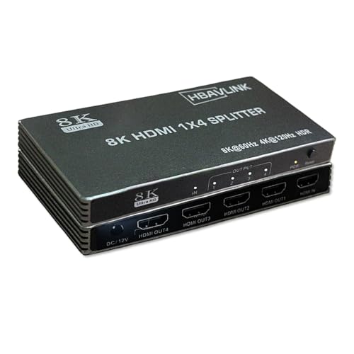 HBAVLINK HDMI 2.1 Splitter 1 in 4 Out - 8K60Hz,4K120Hz,HDCP 2.3,HDR,VRR,ALLM,Dolby/DTS 5.1/7.1 - Compatible with Firestick 4k Max, PS3/PS5 & Elgato HD60s/x/Pro, Apple TV 4K, Retrotink, Roku soundbar