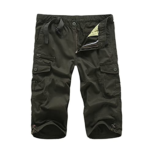 LUI SUI Pantalones Cortos de Carga 3/4 elásticos Militares Casuales para Hombres Pantalones Cortos de Verano Capri con múltiples Bolsillos Sueltos