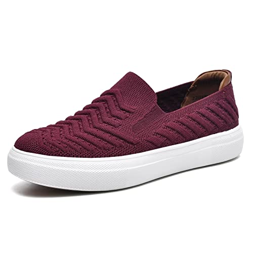 Konhill Women's Silp-On Loafer Shoes Mesh Casual Walking Comfortable Work Sneakers 7 Us B/Burgundy #TOP28