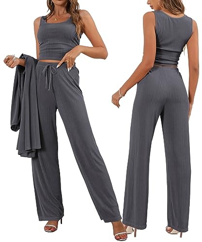 Image of 3 Piece Lounge Sets for Women Airport Travel Outfit | Long Cardigan,Tank Top ,Wide Leg Pants with Pockets,Comfy Loungewear,Casual Chic, Airplane Clothing,Vacation Matching Set