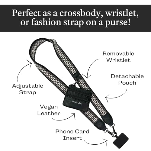 Image of Save the Girls Original Clip and Go Phone Strap Pattern (Fun Dots - Black /Grey) - Crossbody Phone Strap Chain with Zipper Wallet Pouch - Phone Lanyard Zippered