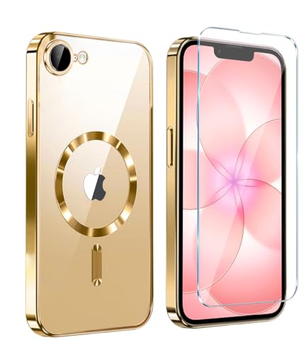 Image of Magnetic Glossy Case for iPhone 17e,iPhone17e /16e Phone Case Slim Clear Luxury with Screen Protector & Camera Protector [Compatible with MagSafe], Shockproof Cover for iPhone Case 17e-Gold