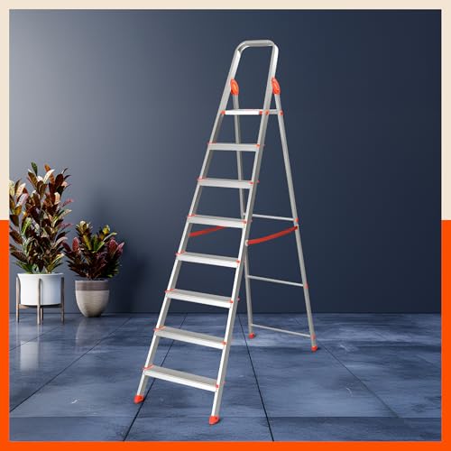 Image of Bathla Advance 8-Step Aluminium Ladder | 150 Kg Load Capacity | Anti-Slip Steps | Sure-Hinge Technology | Home Use Step Ladder | 5 Year Warranty