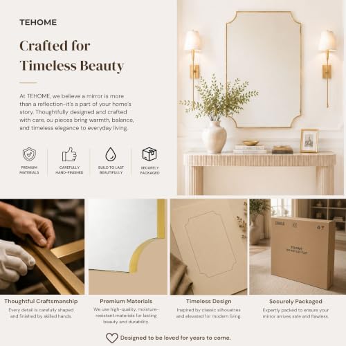 Image of TEHOME Gold Bathroom Mirrors, Brushed Brass Rectangle Scalloped Vanity Mirror for Bathroom,20x30''