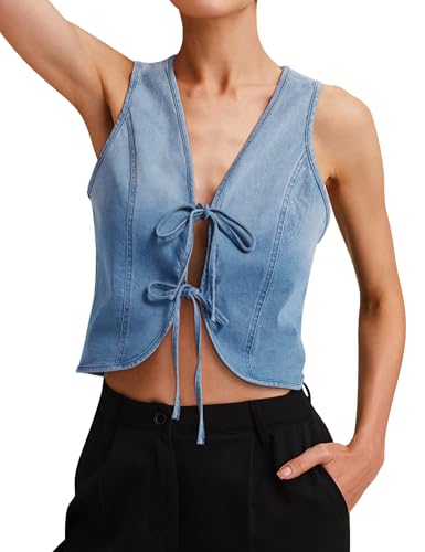 Womens Denim Vest Crop Sleeveless V Neck Denim Top Retro Tie Up Front Jean Vest