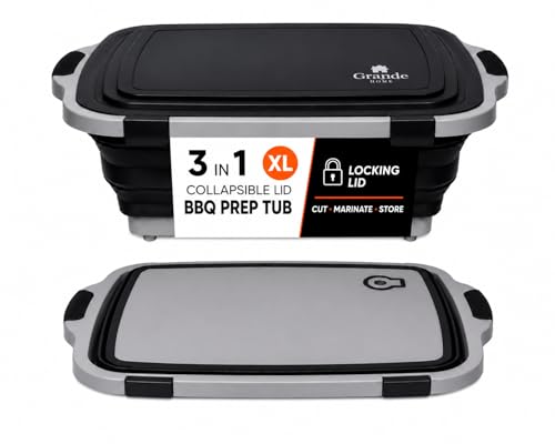 Grande Home BBQ Prep Tub Collapsible EXTRA-LARGE w/Cutting Board, Locking Lid – Meal Prep Food Prep Containers w/Lids for Resting Meat –3 Adjustable Height - Ideal for Camping, Picnic, Dish Basin