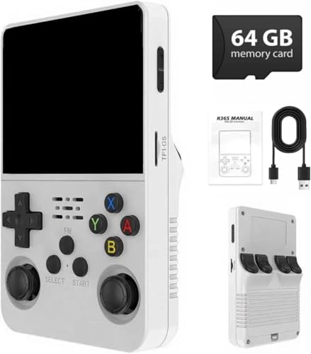 Image of PLUSPOINT R36S Portable Handheld Game Console (64GB) with 18000+ Retro Classic Preloaded Video Games, 3.5 Inch IPS Display,Rechargeable Battery , Pocket Arcade Gaming Device (White)