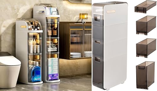3-Tiers & 4-Tiers Narrow Bathroom Floor Storage Cabinet, Slim Bathroom Cabinet with Tissue Box and Wheels, Plastic Waterproof Movable Bathroom Storage Organizer for Small Spaces, Laundry, Toilet Gap