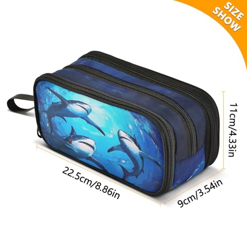 Image of Wfrish Blue Shark Sea Pencil Case Big Capacity for Girl Boy Ocean Seawater Student Pencil bag Pen Pouch Large Stationery 3 Compartments Zippers Organizer School College Office Teens Adults