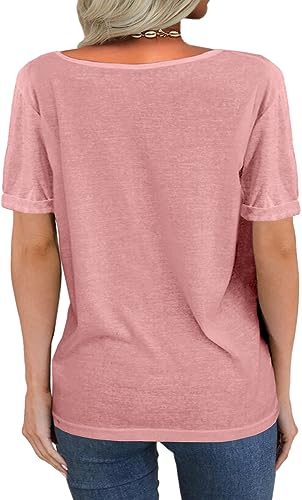 Image of Danedvi Women Deep V-Neck Short Sleeve Tops Solid Casual Loose T Shirt
