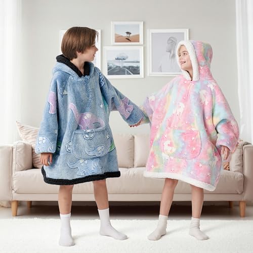 Image of Giggling Getup Glow in The Dark Wearable Blanket Hoodie for Girls and Boys Warm Cozy Sherpa Fleece Hooded Blanket Sweatshirt Oversized Hoodie with Giant Pocket & Sleeves for Kids Blue Dinosaur Glow