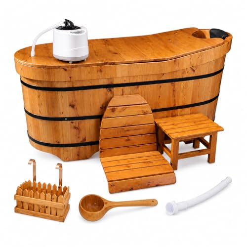 47" Cedar Wood Japanese Soaking Tub - Adult Wooden Bathtub with Steam Package & Accessories