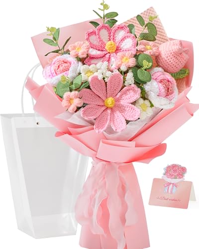 Alecono Crochet Flower Bouquet, Pink Handmade Knitted Flowers, Crochet Tulips Galsang Flower for...