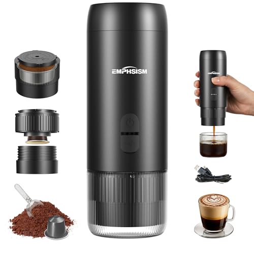 Cafetera espresso portátil para cápsulas y café molido – Mini cafetera con batería para llevar, camping, viajes, oficina, autocaravana, 20 bar, espresso para llevar con USB-C – sin autocalentamiento