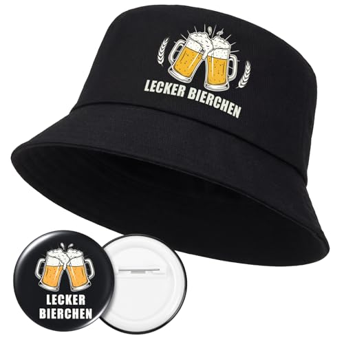 Geyoga Lecker Bierchen Lustiger Fischerhut und Anstecker mit Biermuster Bierhut für Herren Damen Mallorca Accessoires Bierliebhaber Geschenke für Bierfeste Strand JGA und Outdoor-Sportarten
