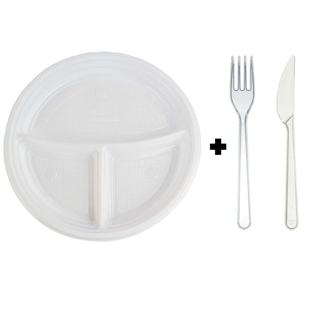 Mehrweg 200 Stk. 3-geteilt Plastikteller 200 Stk. Plastikgabel 200 Stk. Plastikmesser Set Mehrwegteller Plastikbesteck Partygeschirr Plastikgeschirr Set (200, 3-geteilt_Gabel_Messer)