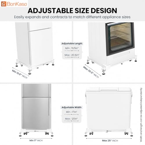 Image of BonKaso Adjustable Heavy Duty Appliance Stand with Wheels & Anti-Slip Pads | Steel Frame Trolley for Washing Machine, Refrigerator & Dishwasher | Load Capacity 200 Kg (50x43x12.5 cm) White