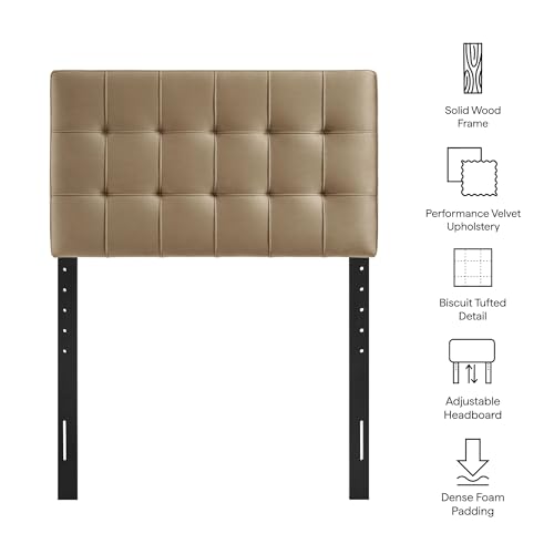 Image of Modway Lily Twin Size Stain-Resistant Performance Velvet Headboard in Taupe - Velvet Upholstery with Button Tufting and 4 Adjustable Height Positions