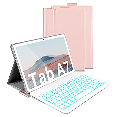 Backlit Keyboard Case for Samsung Galaxy Tab A7 10.4 Inch T505   T500   T507, Protective Cover with Bluetooth Removable QWERTY Illuminated Keyboard, 7 Color Backlight, Rose Gold