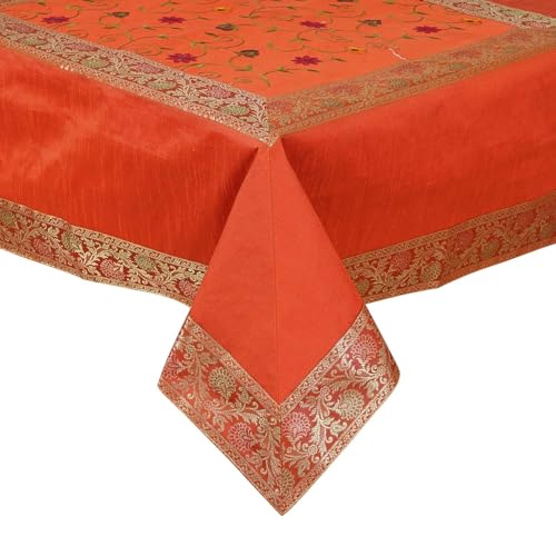 Image of New Year Room Decor Embroidery Brocade Silk Table Cover for Centre & Dinning Table and 4 & 6 Seater Dining Table /Tablecloth, (50 By 50 Inches) (Orange)