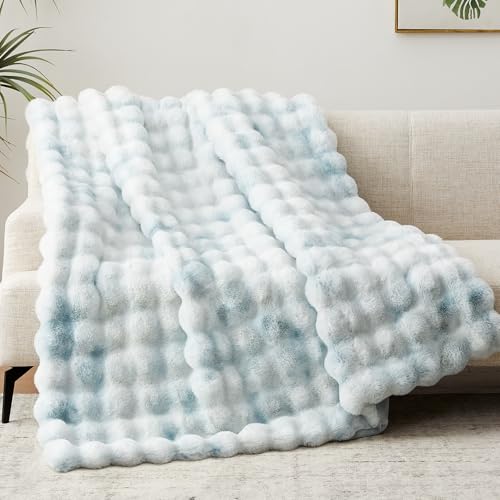 Faux Fur Throw Blanket, 1000GSM Fluffy Soft Bubble Blanket for Couch Bed, Cozy Plush Warm and Thick Rabbit Blanket for Living Room Bedroom 60''*80'' Tie-dye Blue