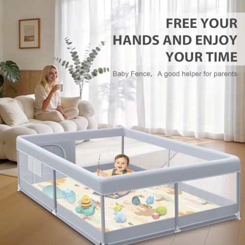 Image of XVISHX Baby Playpen with Mat, 50 x 50 Inch Play Pen Playards, Playpen for Babies and Toddlers, Baby Playard for Indoor & Outdoor Active Center Game Fence, Skin-Friendly Fabric and Soft Breathable Mesh
