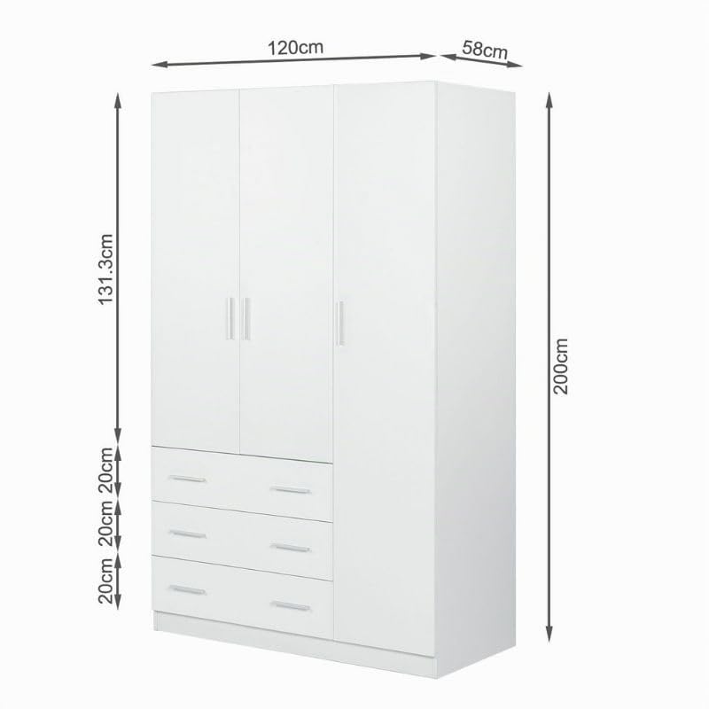 Buyqualia Armario Ropero Blanco 200x120x58 cm con 3 Puertas y 3 Cajones – Armario de Dormitorio Amplio y Funcional