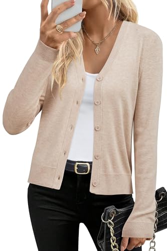 Arach&Cloz Strickjacke Damen Wolle Blend Langarm Cardigan V Ausschnitt Strickmantel Solid Strickpullover mit Knopf (A-Aprikose,L)