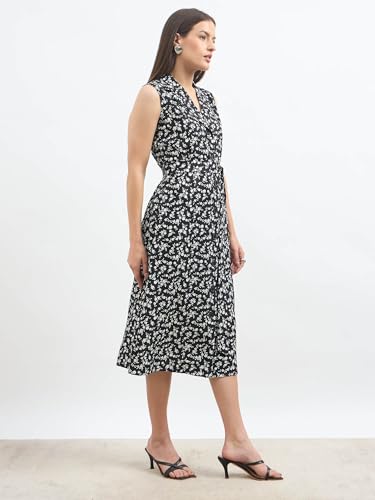 Image of Salt Attire Women's Black Floral Midi Dress | Sleeveless Fit and Flare Western | Button Down Dress with Notched Collar & Side Pockets | Moss Crepe Polyester Casual with Tie-Up Belt
