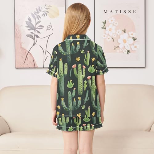 ALAZA Green Cactus Black Watercolor Pajamas Satin Pajama Set Short Sleeve Button Down Sleepwear4