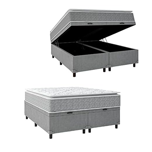 Cama Box Baú Colchão Molas Ensacadas Pillow Top Perfect Cinza/Branco Umaflex - Suporta até 120kg por Pessoa (Queen)