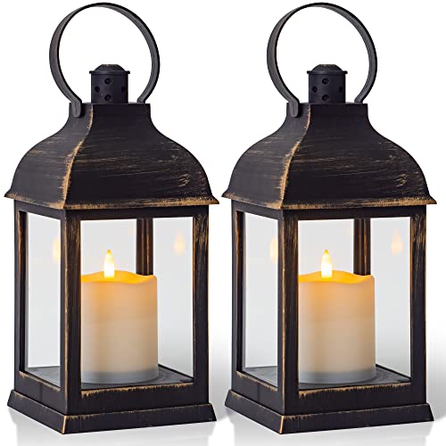 Yongmao Vintage Lantern Decorative LED Flickering Flameless Candle with Timer, Battery Powered LED Decorative Hanging Golden Brushed Black Lanterns for Indoor Outdoor Garden Yard Home Decor(2 Pack)