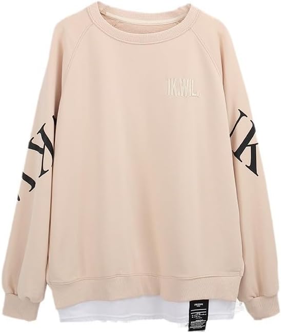 [FUYULE] フェイクツーピース長袖スウェットシャツ 女性用 ルーズ 韓国風 薄手 2025夏季 丸首 文字入り 人気モデル (