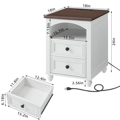 18" Farmhouse Night Stand Set 2 with Charger Station, White 2 & 3 Drawers Wood Nightstand, Bedside End Table with Storage and Roman Column, Bed Side Tables Cabinet for Bedroom, Living Room, and Closet