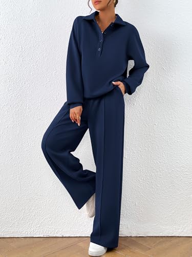 PRETTYGARDEN Women Fall 2 Piece Outfits Sweatsuits Quarter Button Long Sleeve Sweatshirt Wide Leg Pants Tracksuit Lounge Sets4
