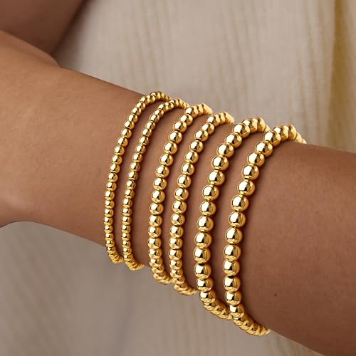 Gold Bracelet for Women Waterproof 14K Gold Plated Gold Bead Ball Bracelet Trendy Stretchable Elastic Hypoallergenic Bohemian Stackable Bracelet Stack Jewelry2