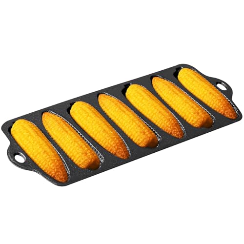 Reallnaive 1 Pc Cast Iron Corn stick Pan Corn Bread Molds with 7 Corncob Sticks Cornbread Loaf Cakes Corndog Baking Compatible with Oven Stovetop Grill and Campfires