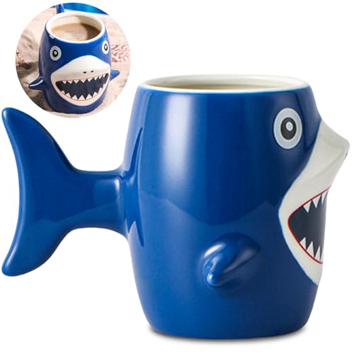 ZONSUSE Tasse à Café Requin, Shark Mug, Tasse Requins Personnalisée, Mug Animal 3D, avec Manche en Forme de Queue de Poisson, Cadeau Original pour Enfant Famille Ami Anniversaire Noël 450ml (Requin)
