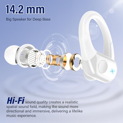 Image of Qecnato Wireless Earbuds Bluetooth 5.4 Headphones 75H Stereo Deep Bass Sports Over Ear Buds with Earhooks, LED Display Bluetooth Earbuds with 4 ENC Mic, IP7 Waterproof Earphone for Running, White