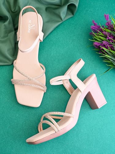 Image of XE Looks Criss Cross Glitter Strap Design | Elegant Square Toe | Comfortable Mid Block Heel Sandal For Girl & Women