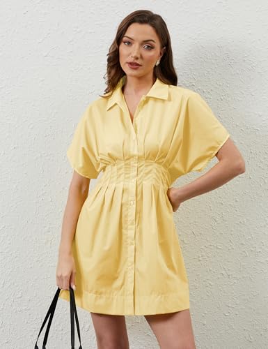 Image of calbatic Women Button Down Pleated Shirt Dress Striped Short Sleeve Summer Business Casual Flowy Mini Short Dress Yellow