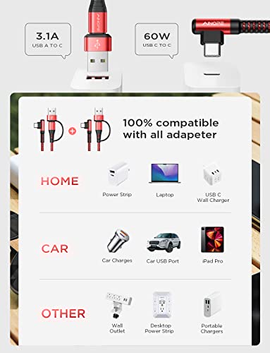 Image of AINOPE USB C Cale for iPhone 16 Charger Cord,60W 4 in 1 Charging Cable for iPad Charger and USB C to USB C Devices,Right Angle Type C Cord Carplay Cable fit iPhone 16 Pro Series,2 Pack 6.6Ft Red