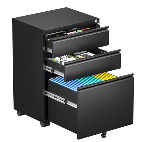 Bonusall 3 Drawer File Cabinet with Lock, Small Under Desk Filing Cabinet for Home Office, Fully Assembled Metal Rolling Storage Fits A4/Letter/Legal, Black