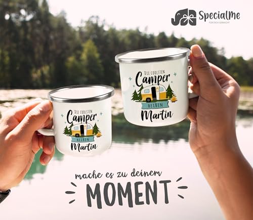 SpecialMe® Emaille-Tasse Camping Wohnmobil personalisiert mit Namen persönliche Geschenke für Camper Weiss-metall Emailletasse – Ansicht 5