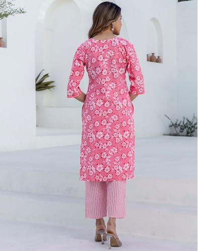 Image of SKYLEE Cotton Printed, Embroidery and Mirror Work A-Line Kurta Set with Dupatta