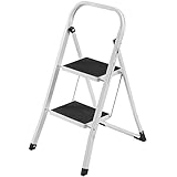 VonHaus Steel 2 Step Ladder Folding Portable Stool with 330lbs Capacity - Lightweight and Sturdy, White, 2 Step